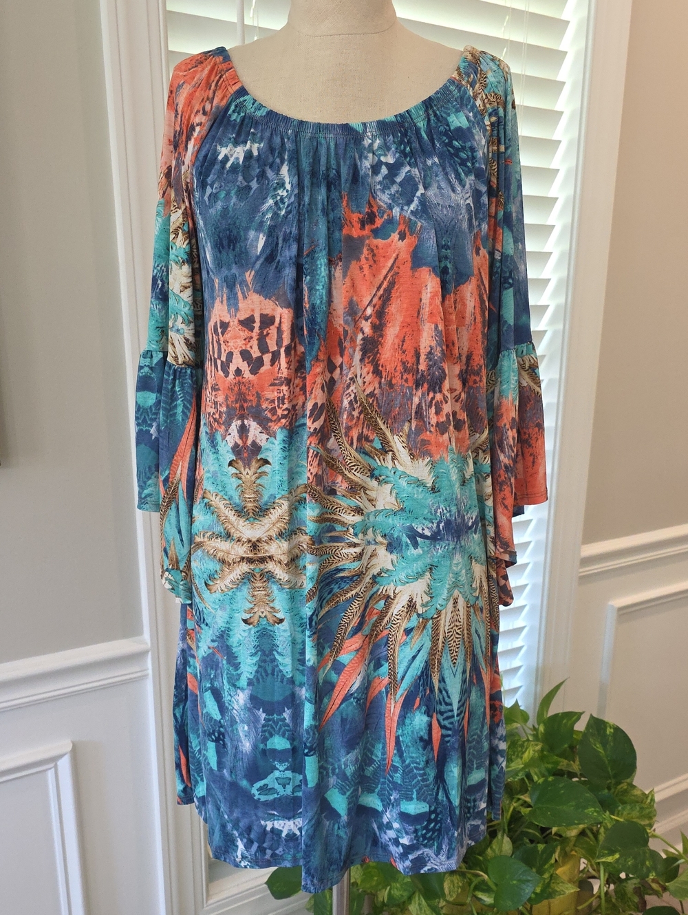 Boho Floral Print Off-Shoulder Mini Dress in Teal & Coral